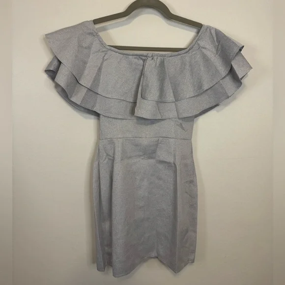 Anthropologie: After Market Off Shoulder Ruffle Grey Mini Dress Small - Picture 2 of 6